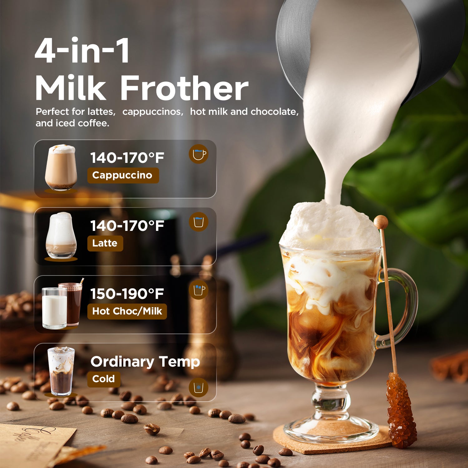 4-in-1 17oz Stainless Steel Milk Frother, Black