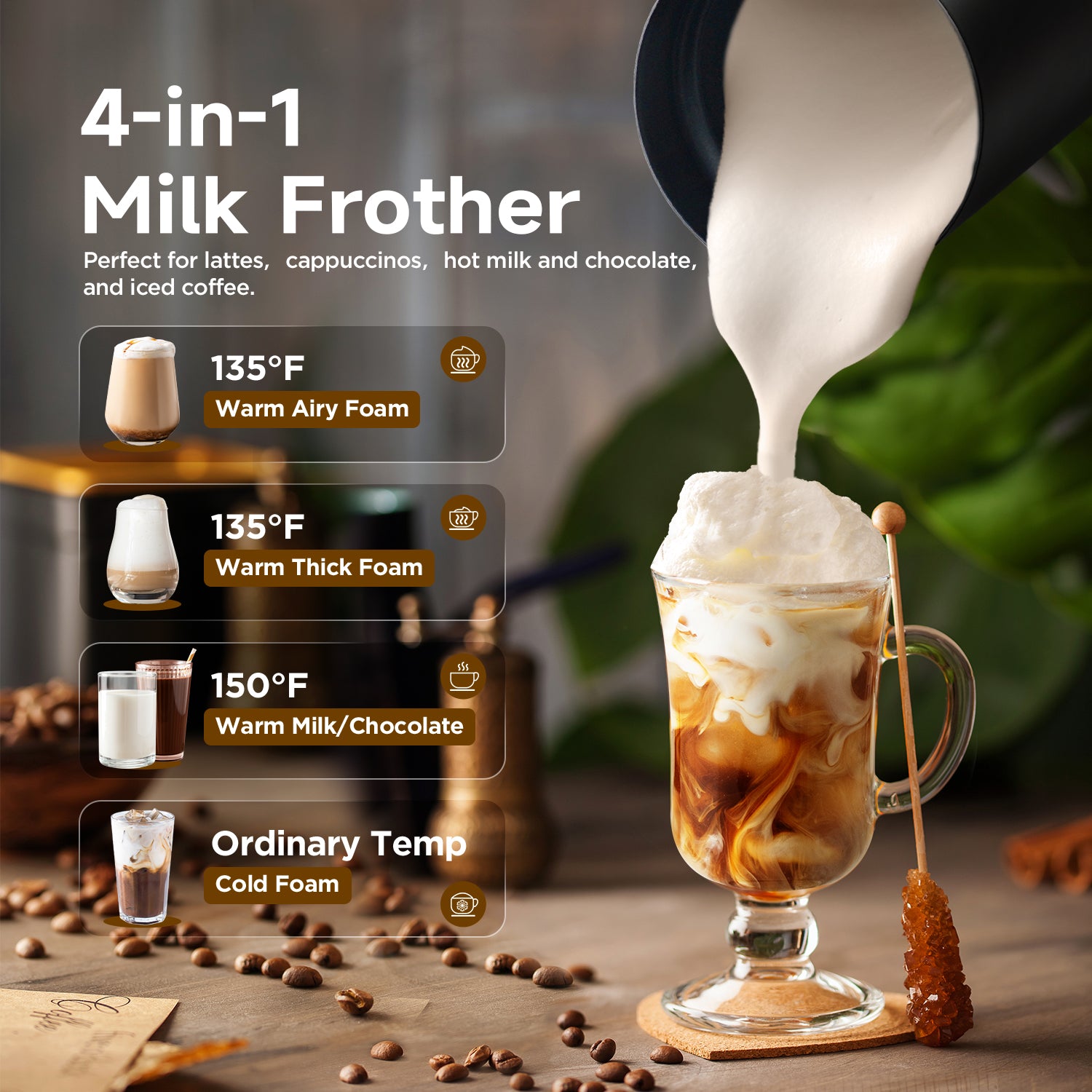 4-in-1 10oz/300ml Milk Frother, Black