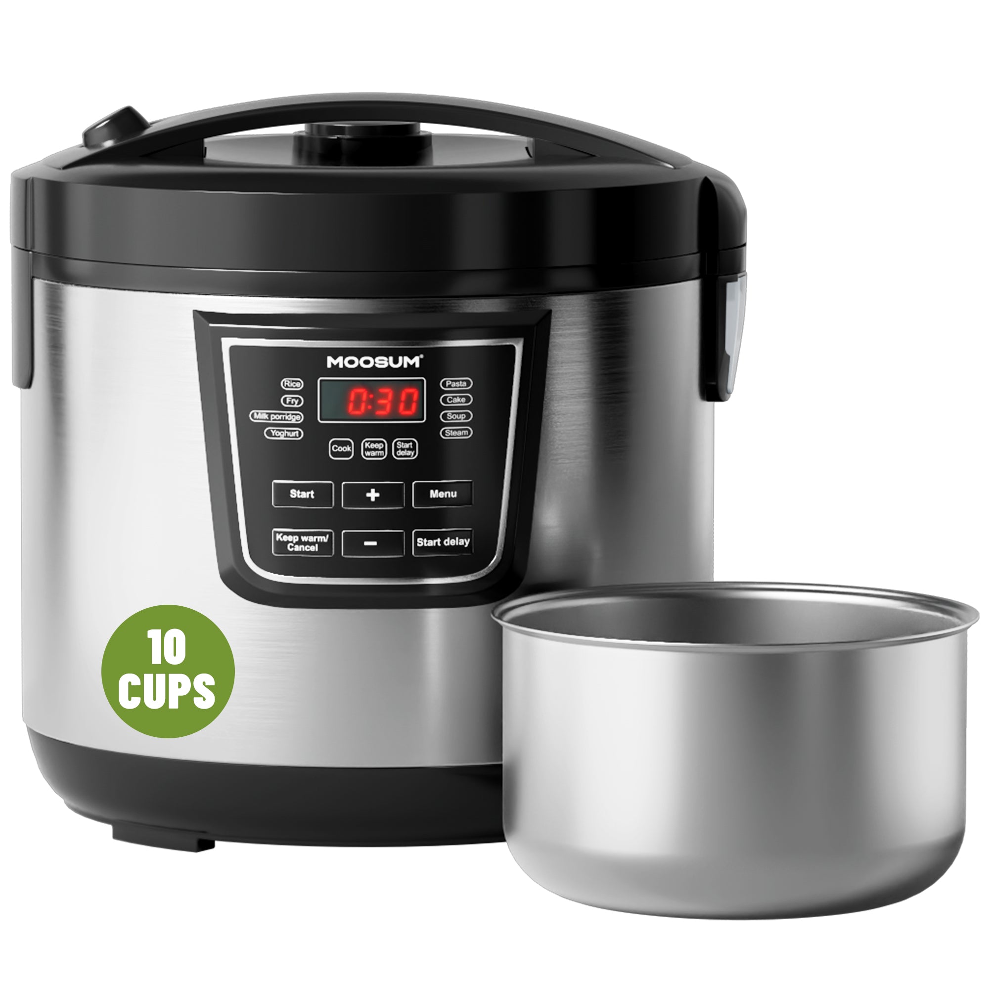 10-Cup Uncooked 8 Functions Rice Cooker with Stainless Steel Pot, Silver