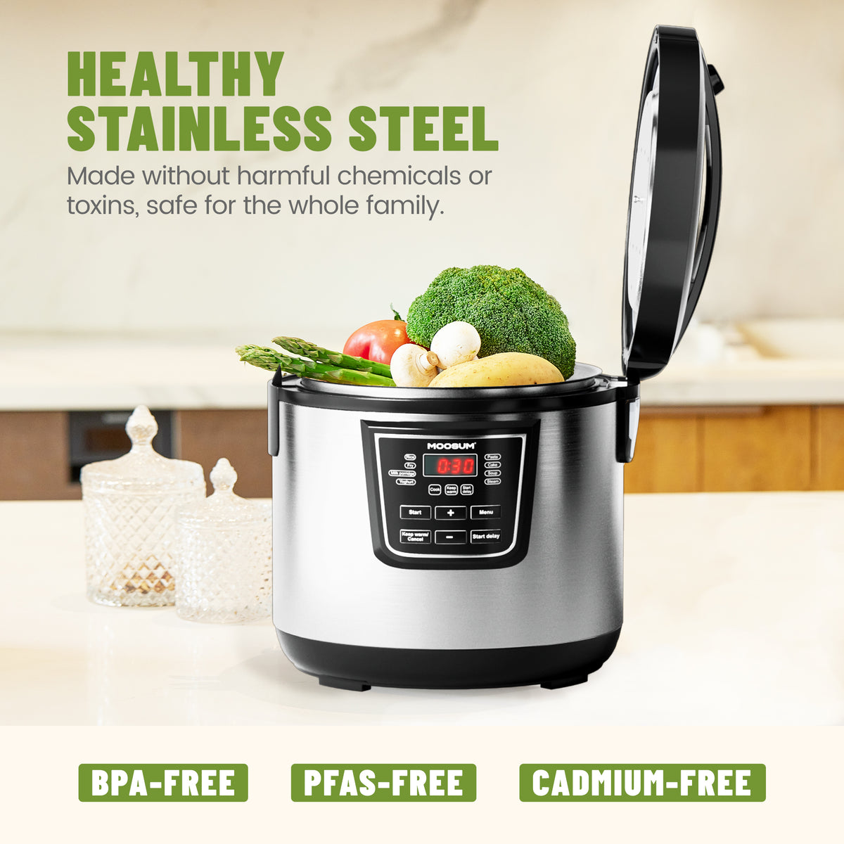 10-Cup Uncooked 8 Functions Rice Cooker with Stainless Steel Pot, Silver
