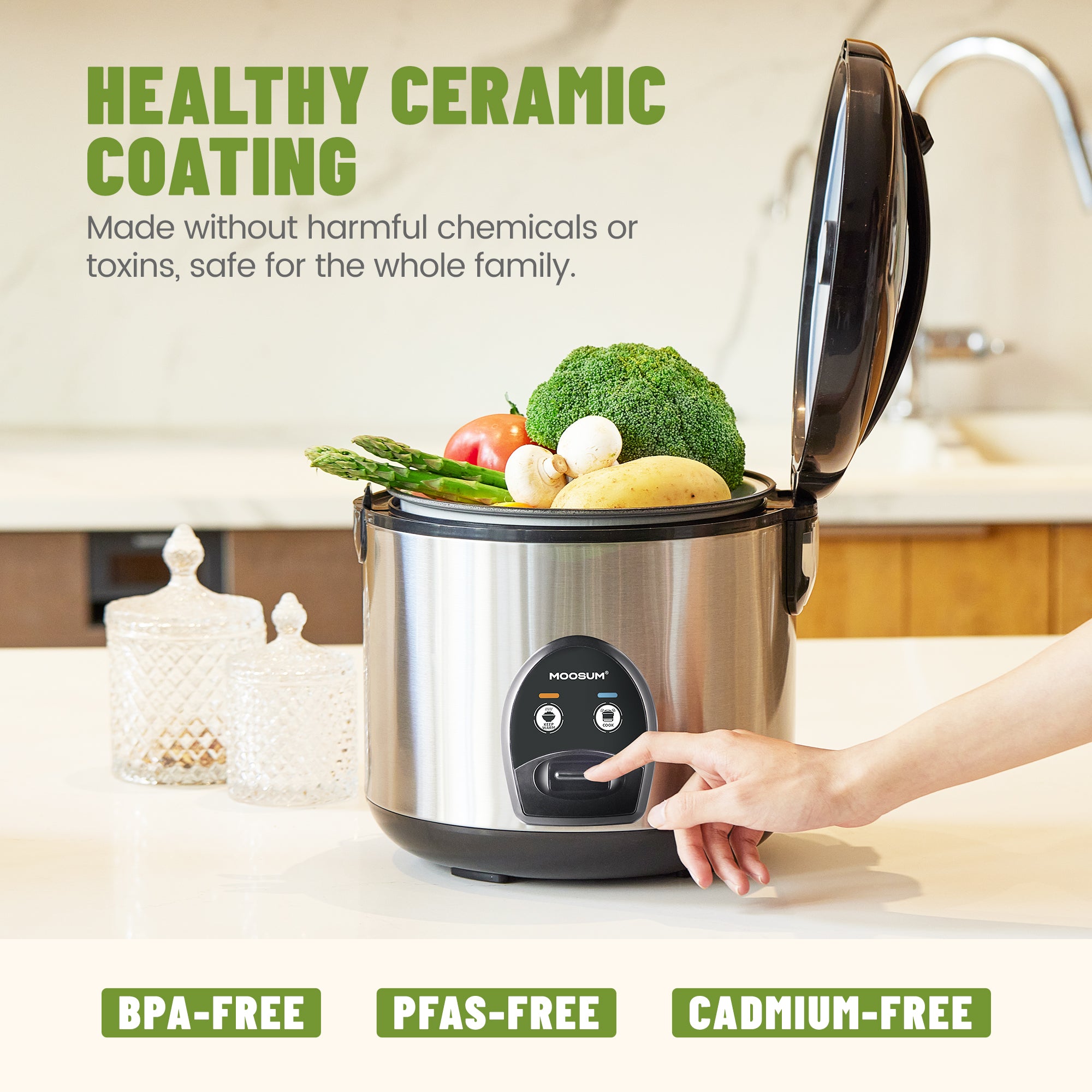 10-Cup Uncooked Ceramic Coating Rice Cooker, Silver