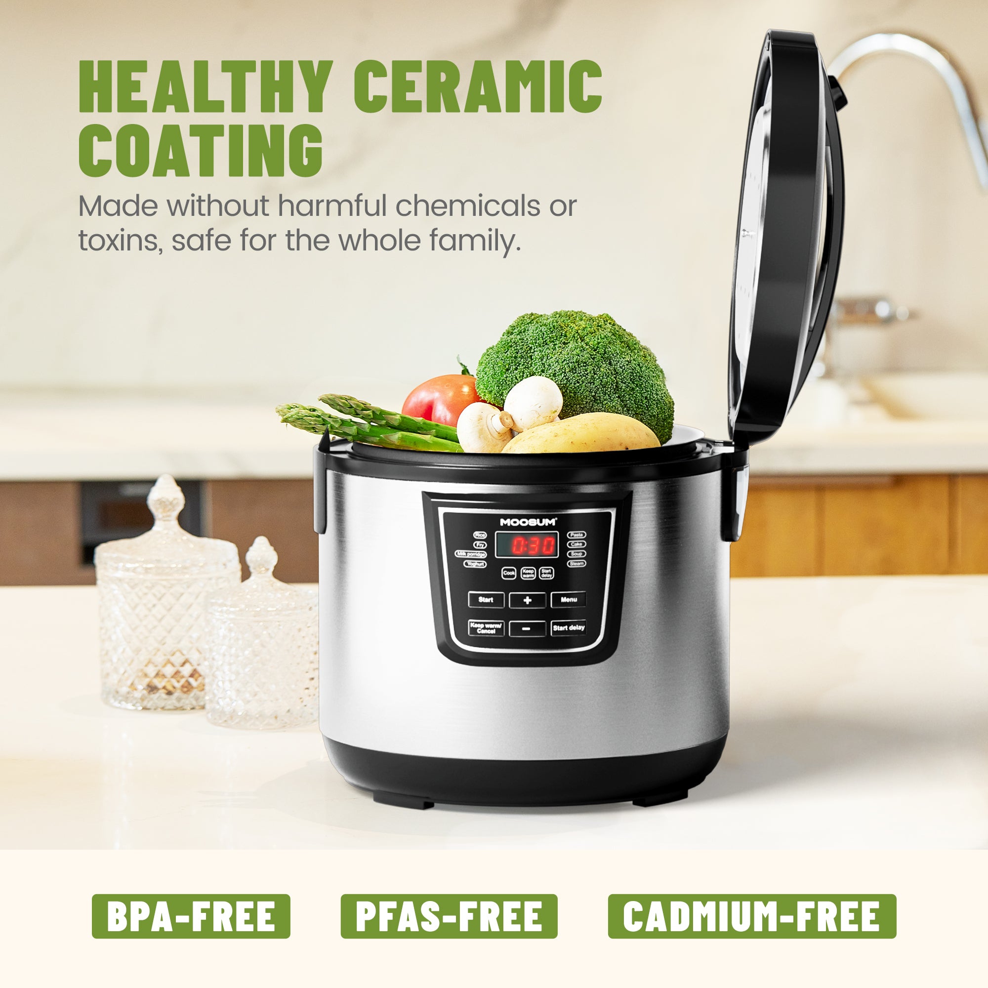 10-Cup Uncooked 8 Functions Rice Cooker with Ceramic Coating Pot, Silver