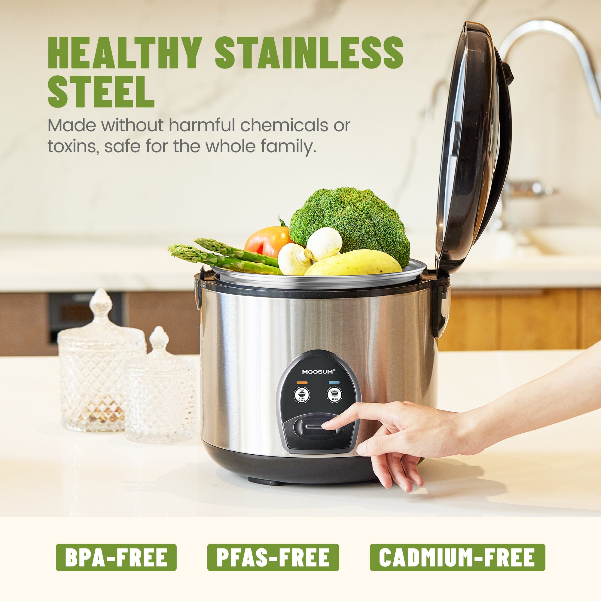 5-Cup Uncooked Rice Cooker with Stainless Steel Inner Pot, Silver