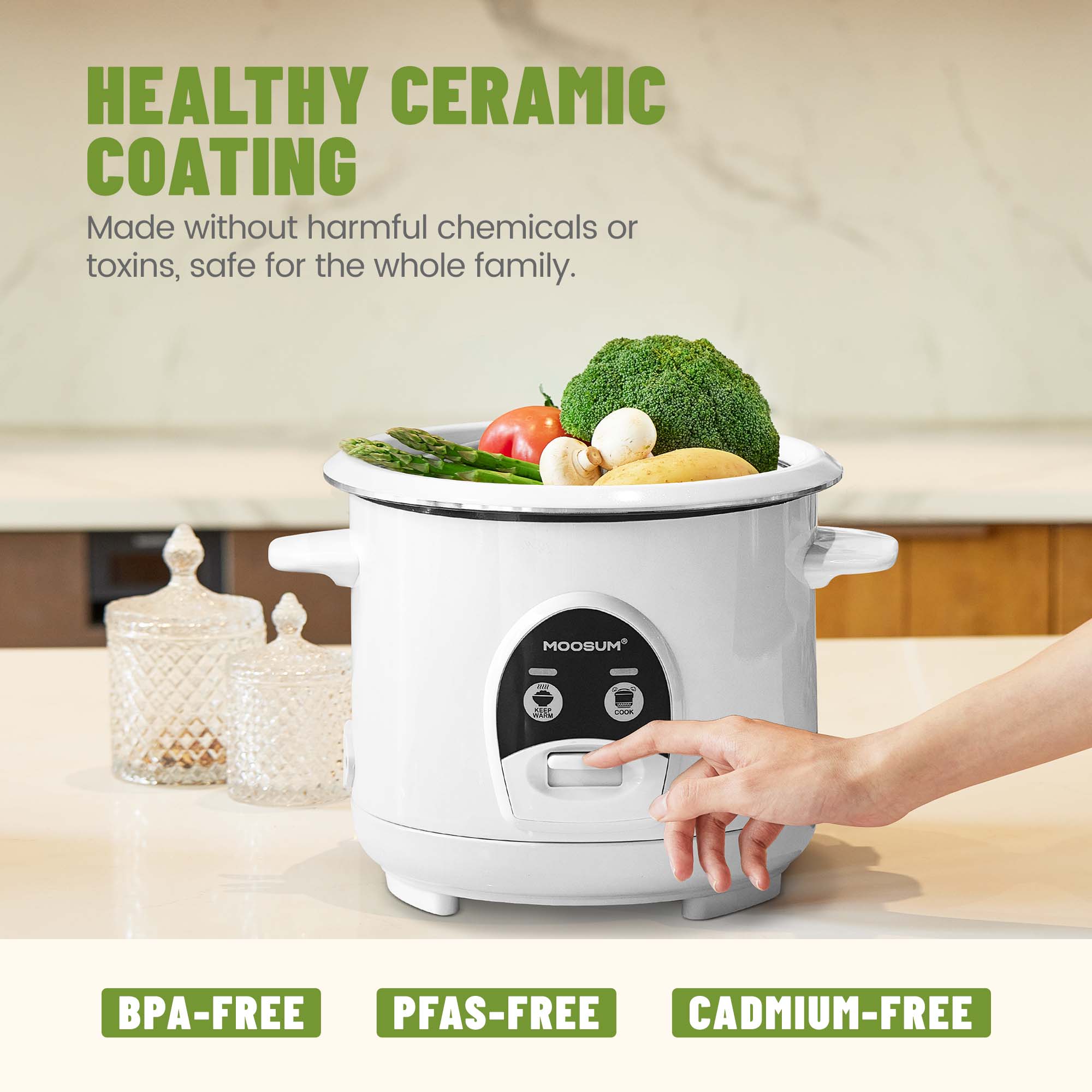 3-Cup Uncooked Ceramic Coating Small Rice Cooker, White