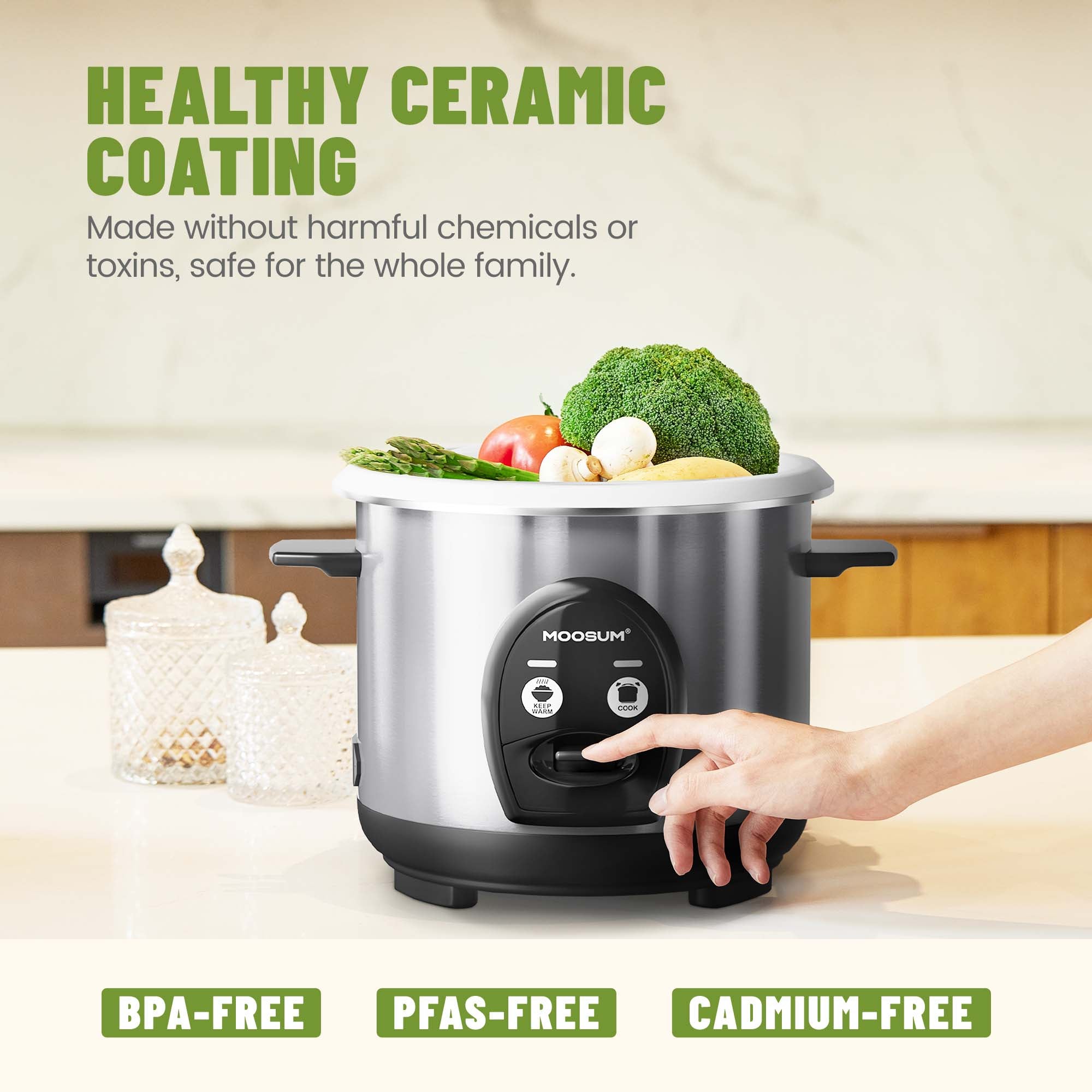 3-Cup Uncooked Ceramic Coating Small Rice Cooker, Silver