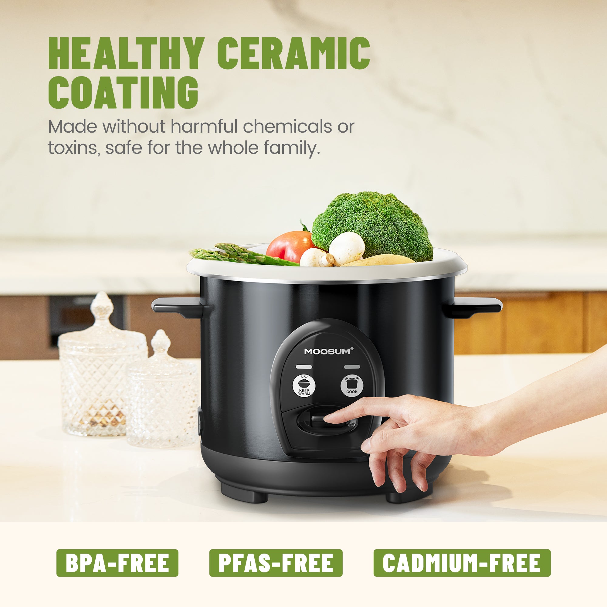 3-Cup Uncooked Ceramic Coating Small Rice Cooker, Black