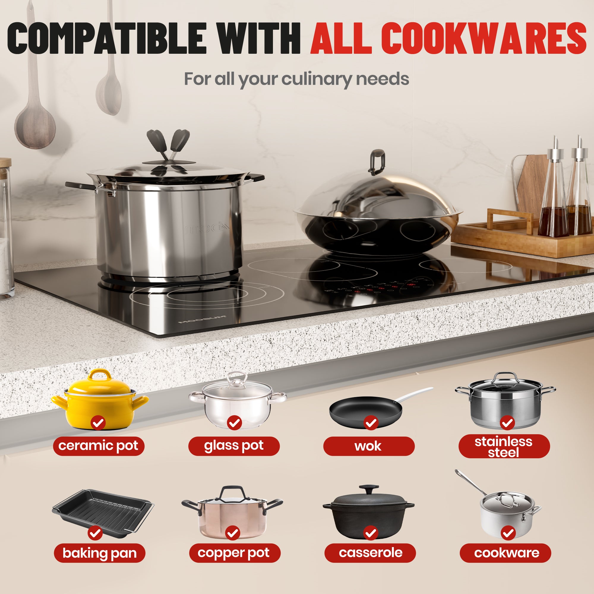 30-inch Electric Cooktop with 5 Burners & Griddle - 9 Power Levels, 220-240V (No Plug)