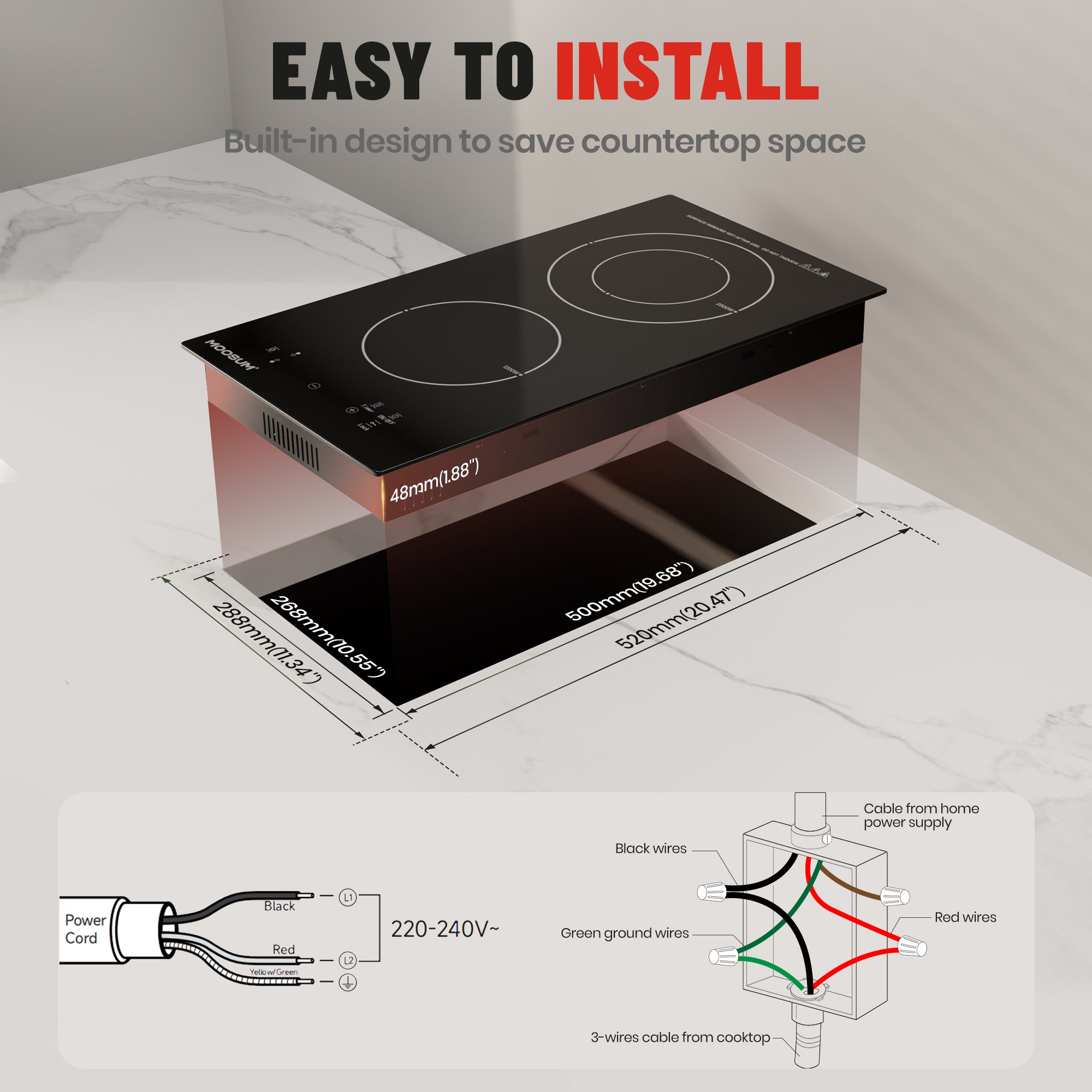 12-inch Electric Cooktop with 2 Burners - 9 Power Levels, 220-240V (No Plug)
