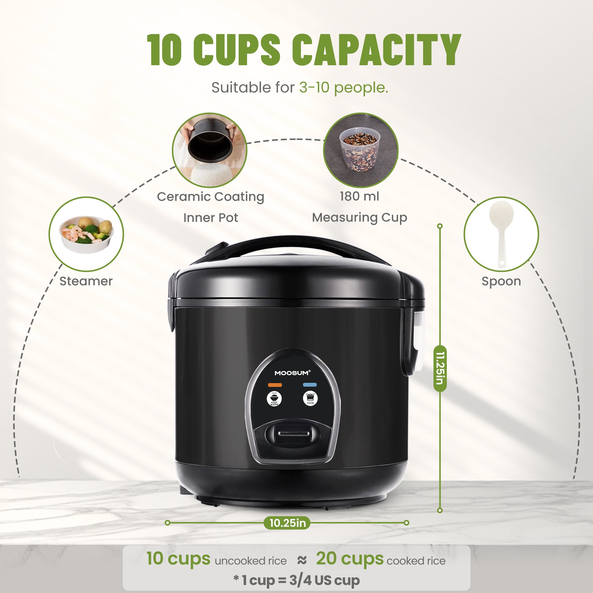 10-Cup Uncooked Ceramic Coating Rice Cooker, Black