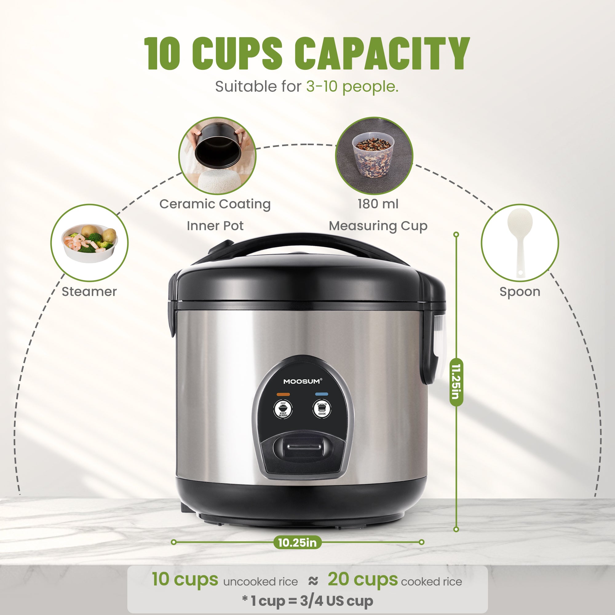 10-Cup Uncooked Ceramic Coating Rice Cooker, Silver