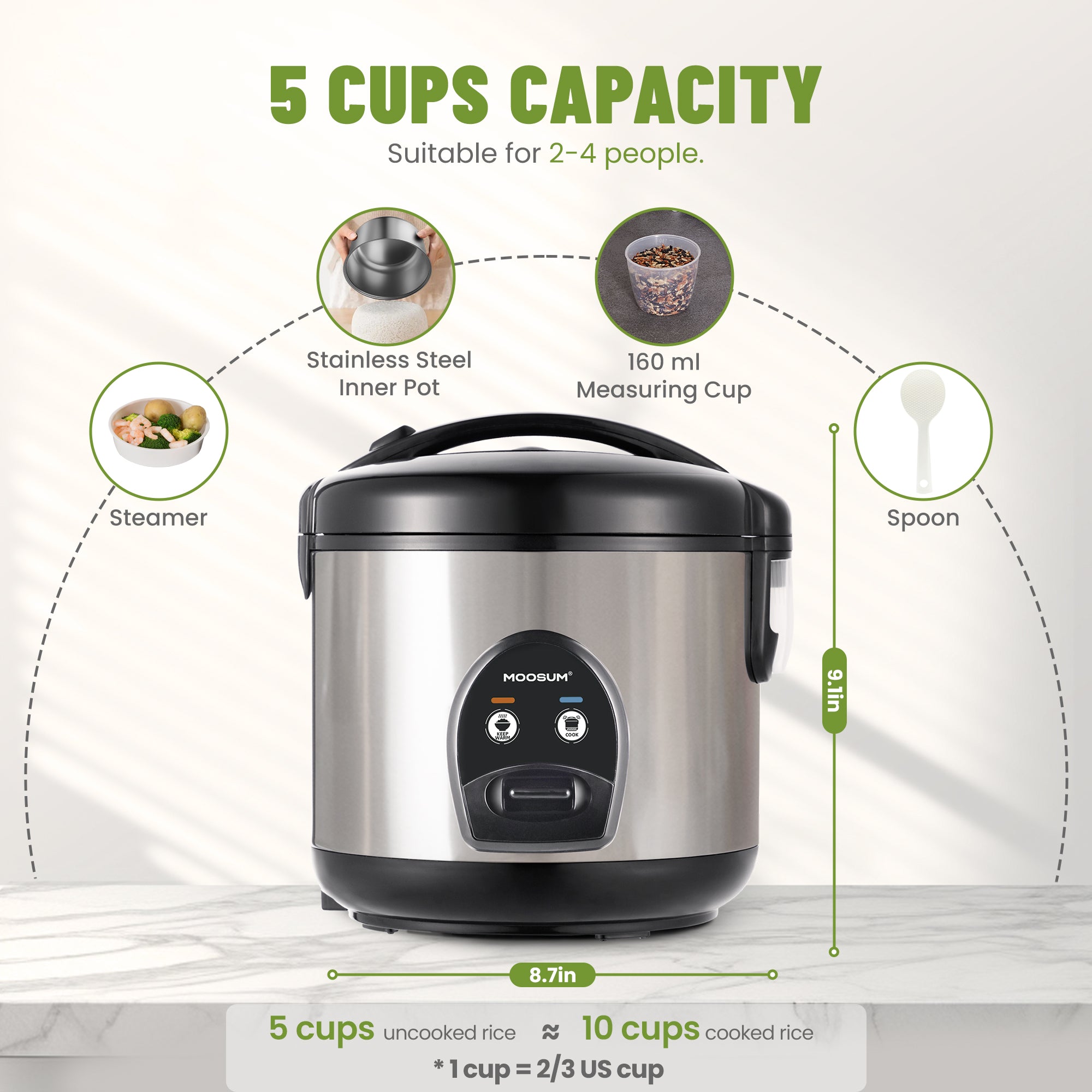 5-Cup Uncooked Rice Cooker with Stainless Steel Inner Pot, Silver