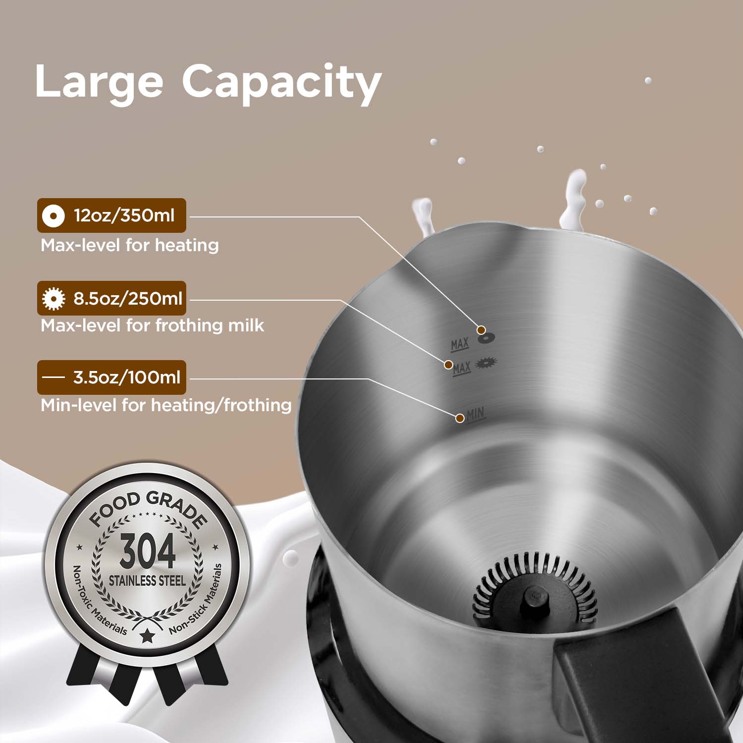 4-in-1 17oz Stainless Steel Milk Frother, Black