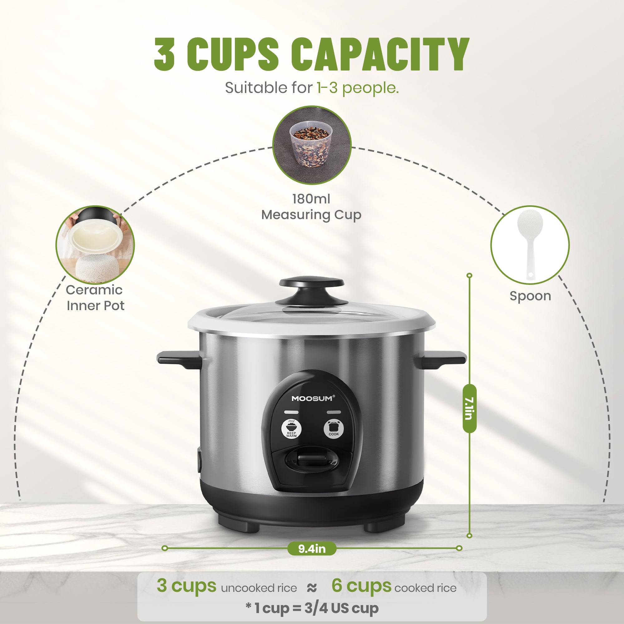 3-Cup Uncooked Ceramic Coating Small Rice Cooker, Silver