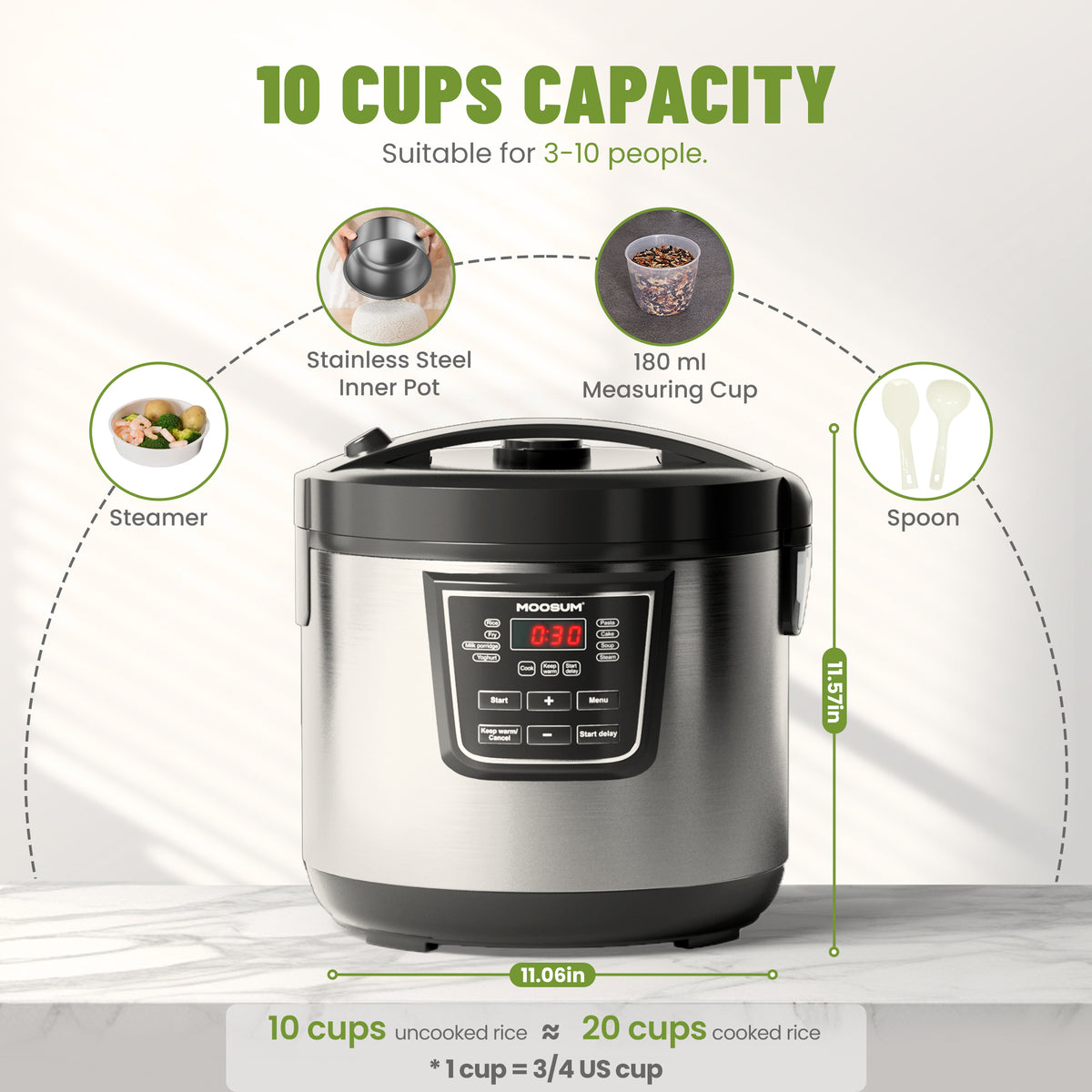 10-Cup Uncooked 8 Functions Rice Cooker with Stainless Steel Pot, Silver
