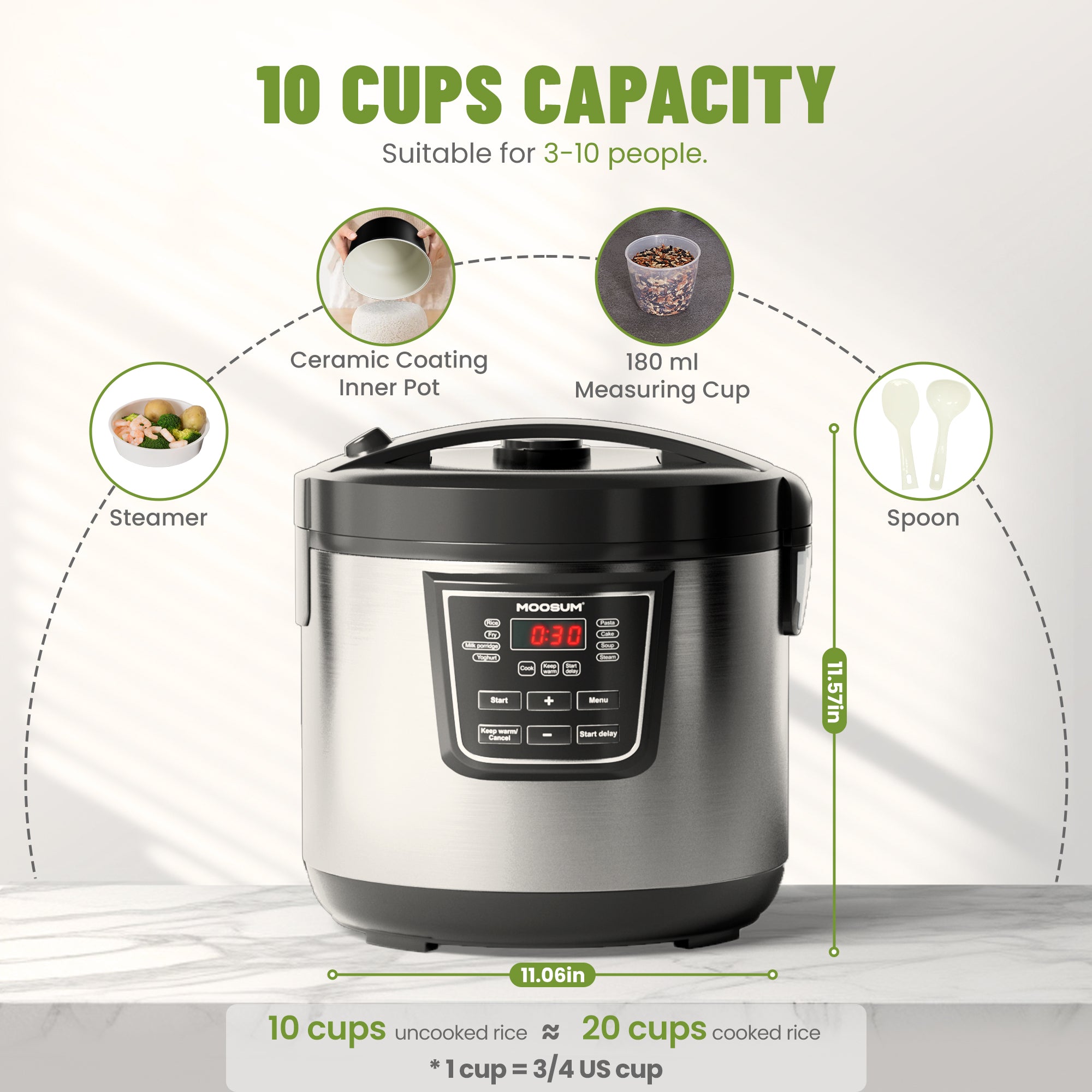10-Cup Uncooked 8 Functions Rice Cooker with Ceramic Coating Pot, Silver