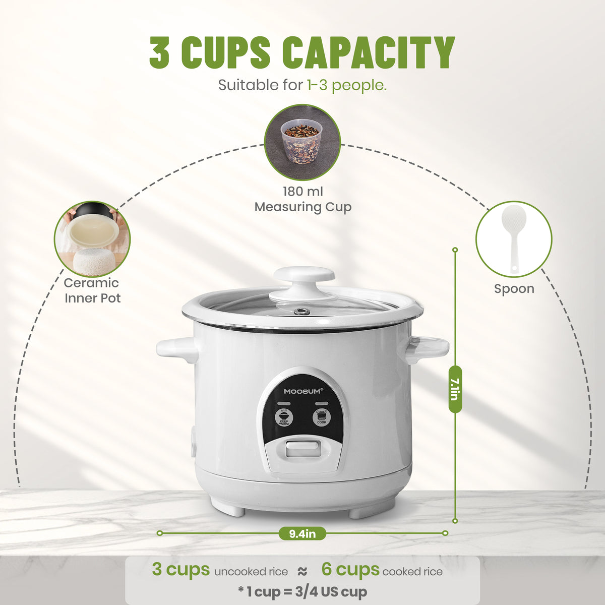 3-Cup Uncooked Ceramic Coating Small Rice Cooker, White