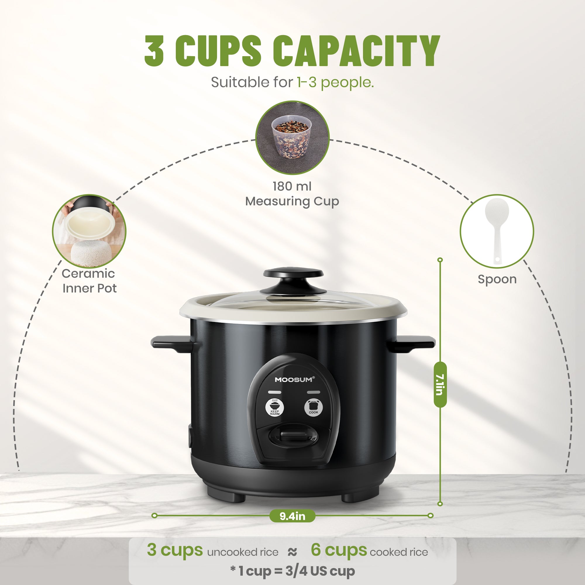 3-Cup Uncooked Ceramic Coating Small Rice Cooker, Black