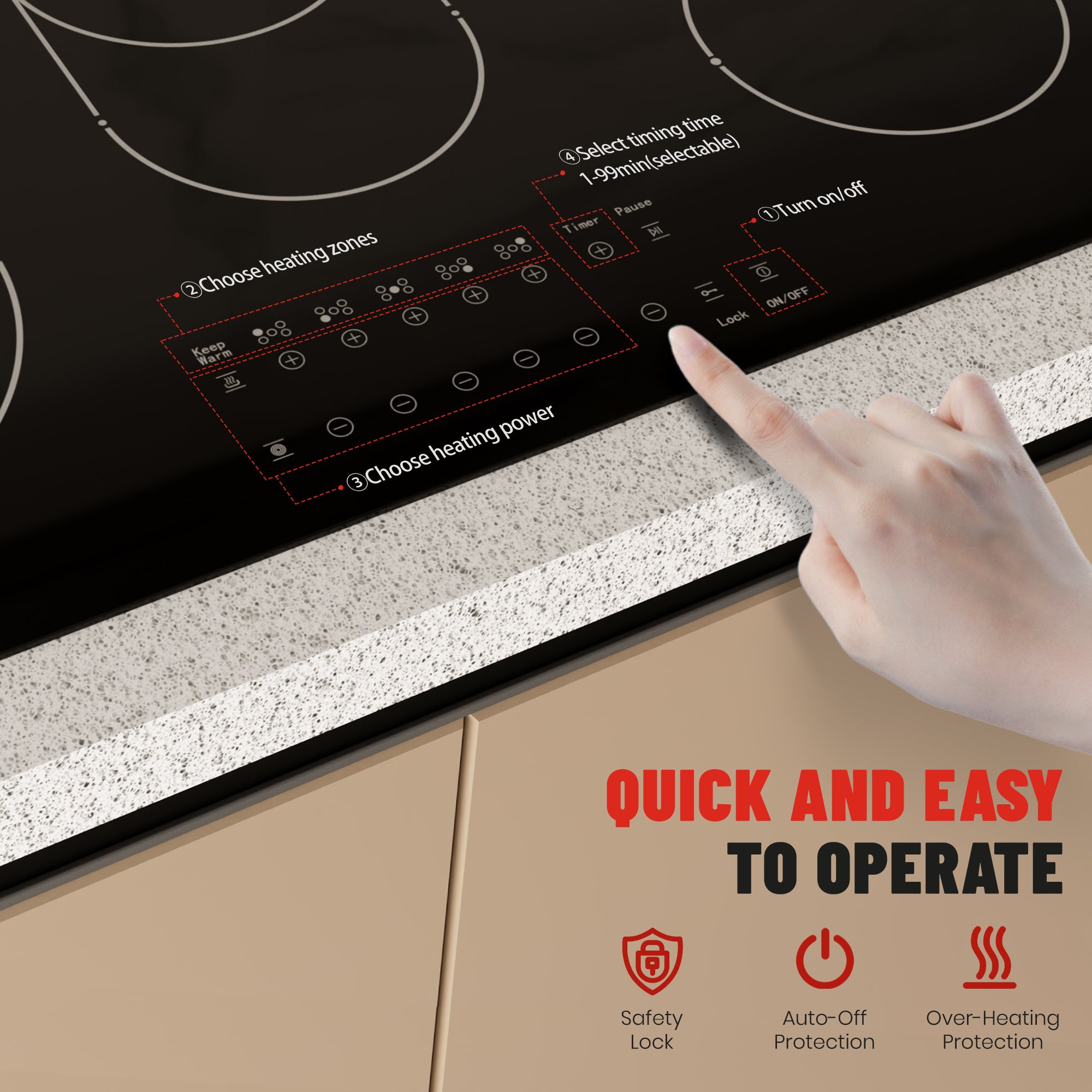36-inch Electric Cooktop with 5 Burners & Griddle - 9 Power Levels, 220-240V (No Plug)