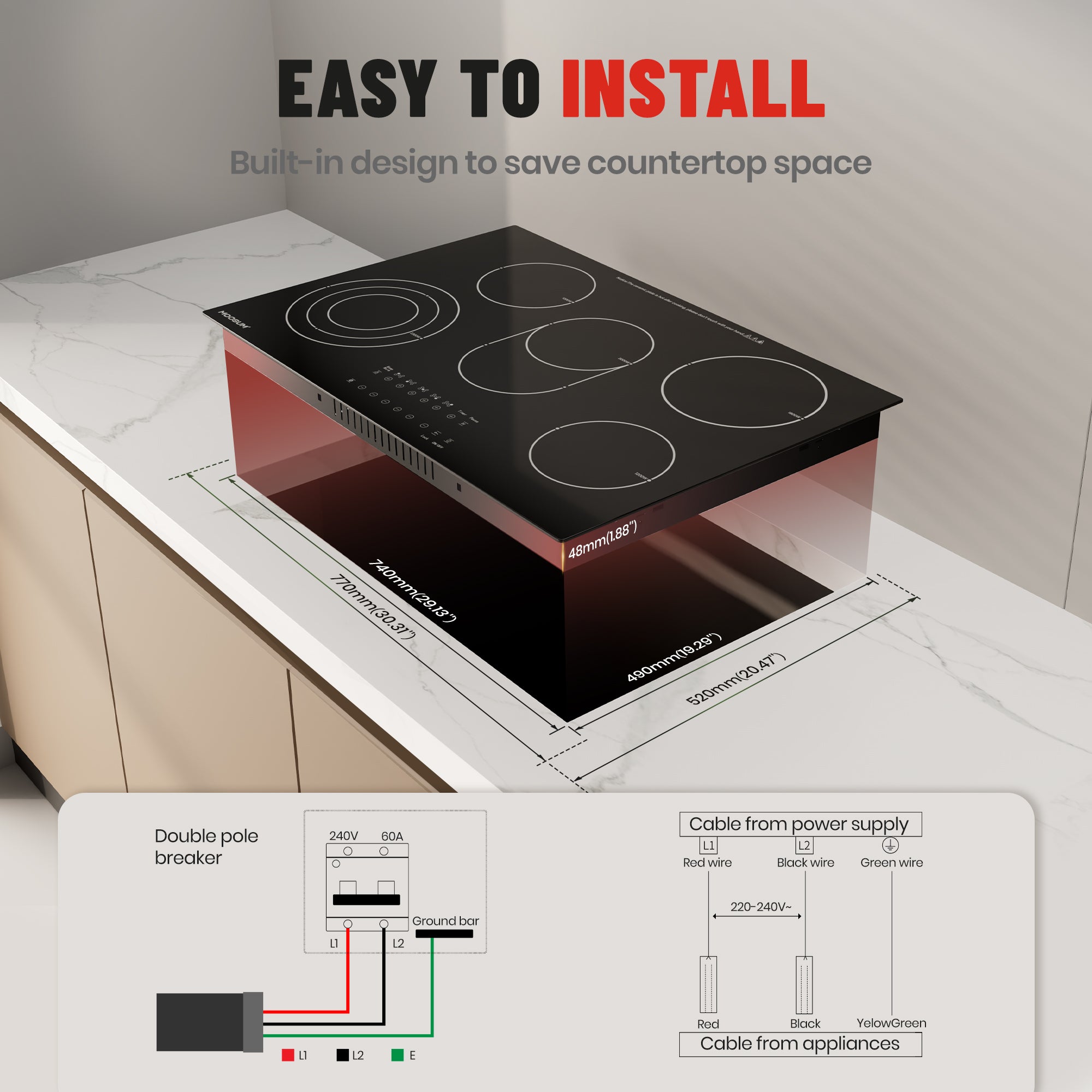 30-inch Electric Cooktop with 5 Burners & Griddle - 9 Power Levels, 220-240V (No Plug)