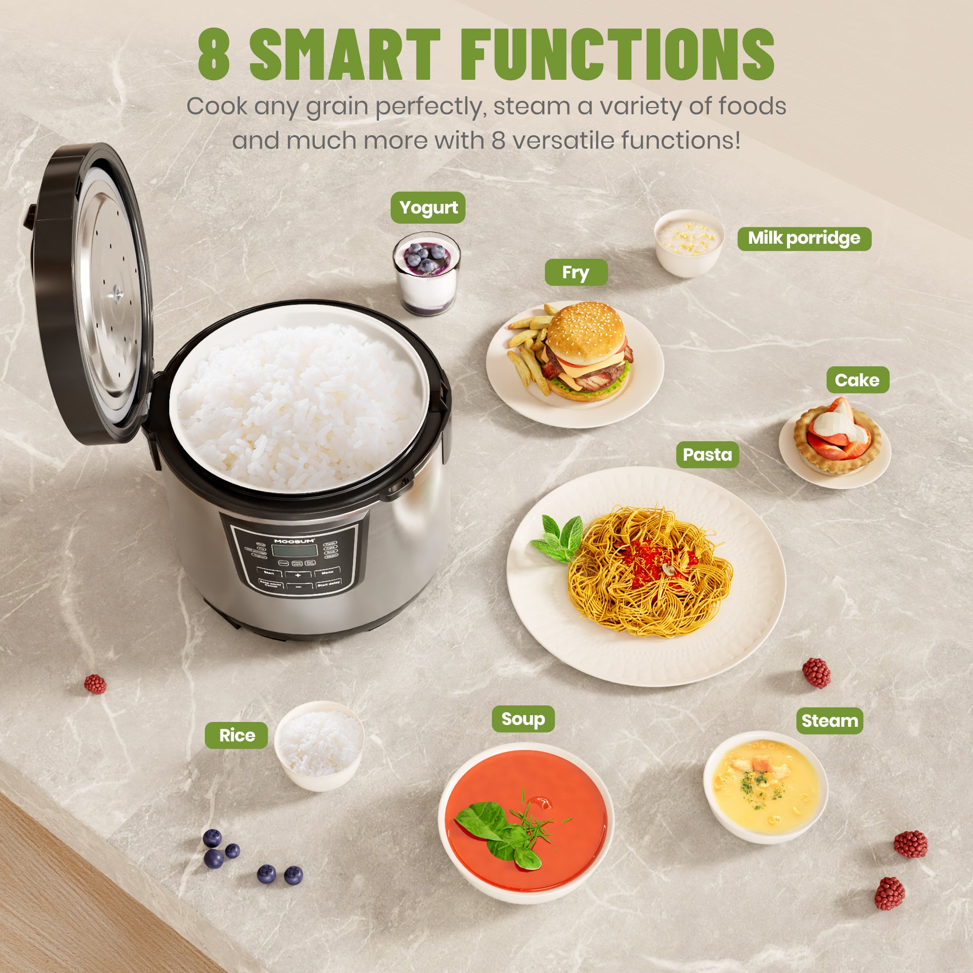 10-Cup Uncooked 8 Functions Rice Cooker with Ceramic Coating Pot, Silver