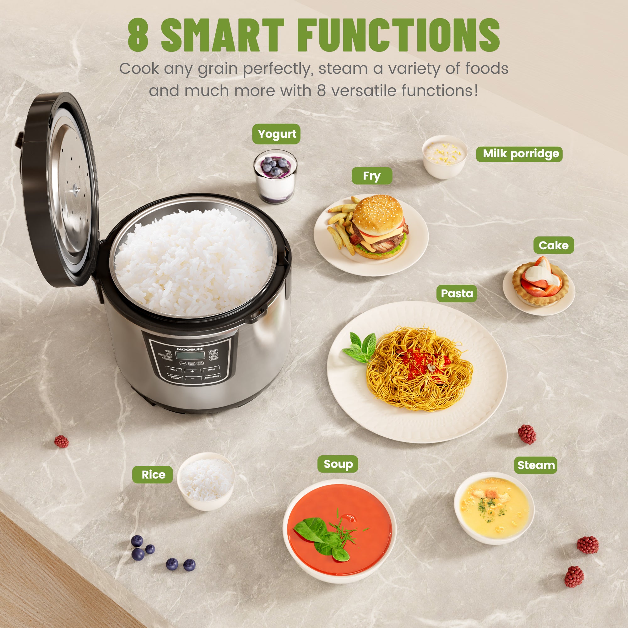 10-Cup Uncooked 8 Functions Rice Cooker with Stainless Steel Pot, Silver