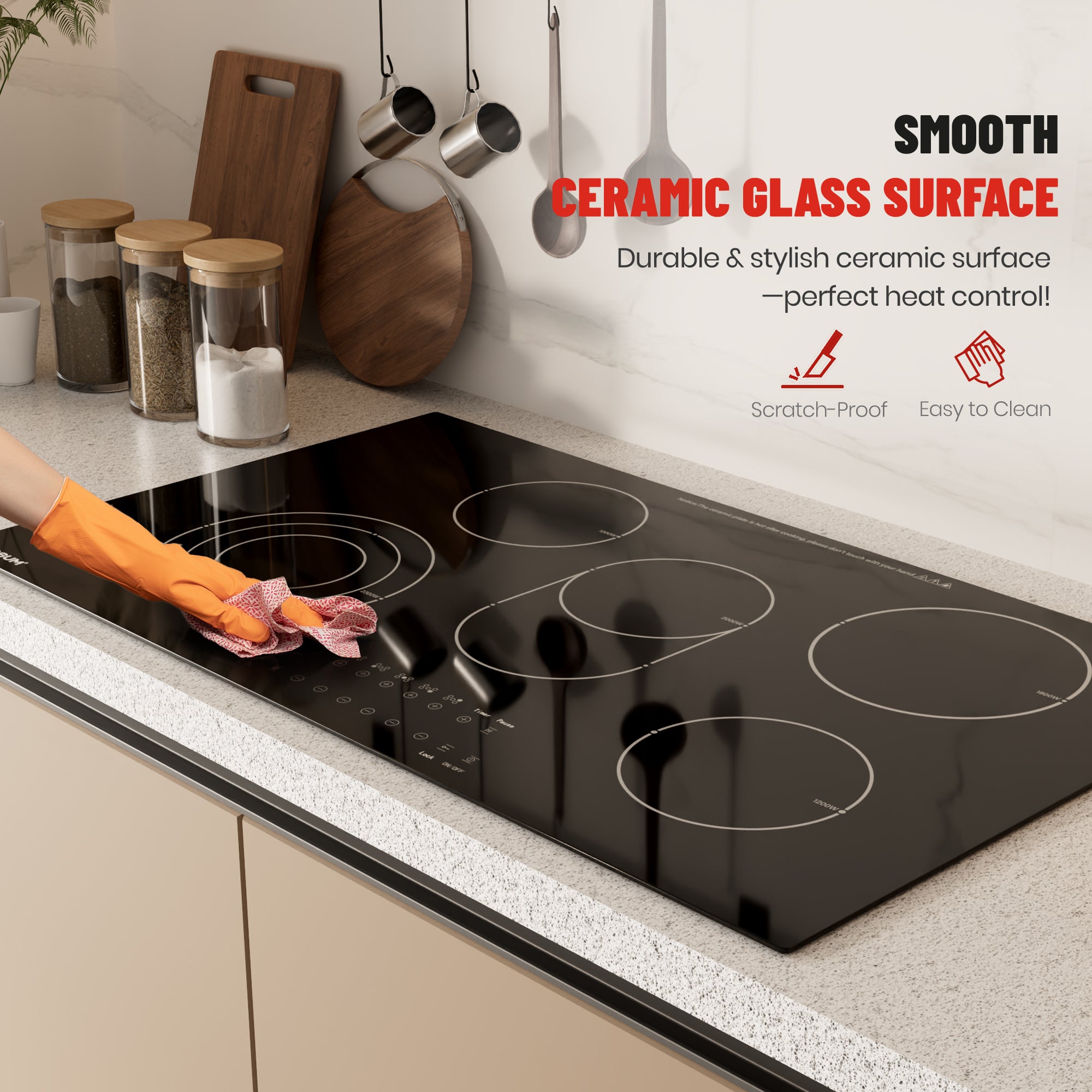 36-inch Electric Cooktop with 5 Burners & Griddle - 9 Power Levels, 220-240V (No Plug)